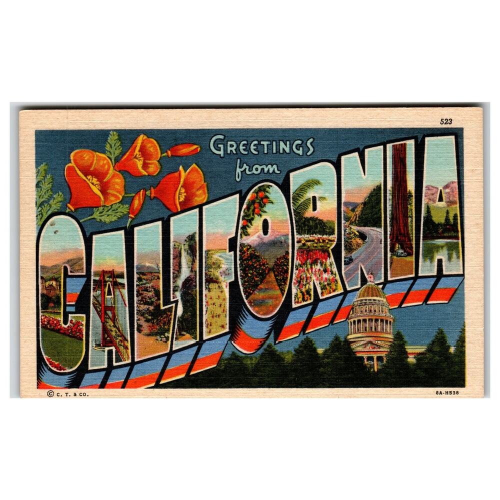 Greetings from California Large Letter Linen Postcard Golden Gate Capitol